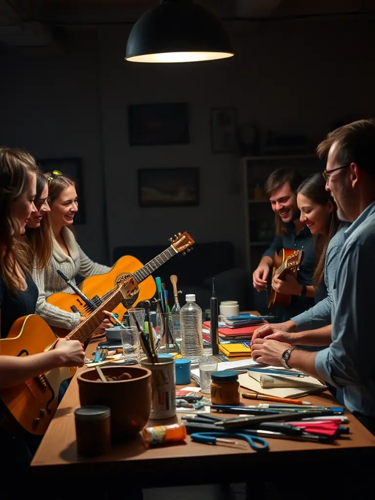 A photograph capturing a diverse group of artists and musicians collaborating during an ACAM-supported event, showcasing the community aspect and networking opportunities.