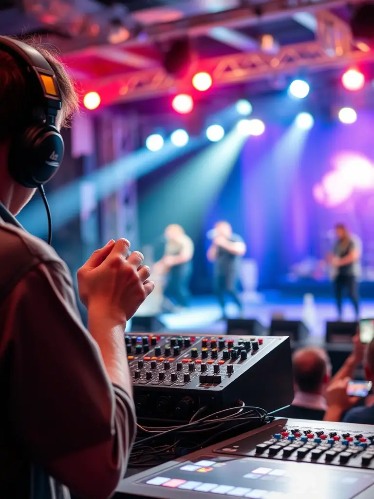 A dynamic image of ACAM staff providing technical support during a live performance, highlighting the professional assistance provided to artists.