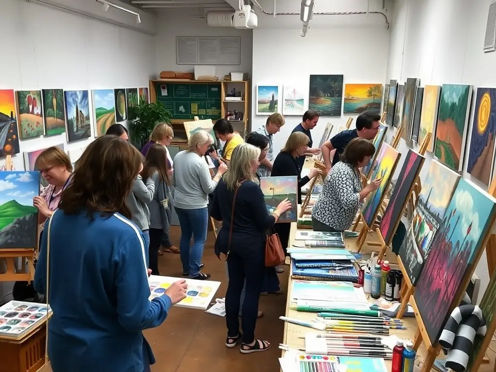 A dynamic image of an art workshop in progress, featuring participants of various ages engaged in painting and creative activities, highlighting ACAM's commitment to art education and community engagement.