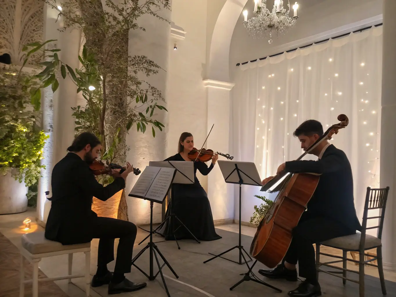 A photograph capturing a live orchestral performance, showcasing musicians passionately playing their instruments on a well-lit stage, with an attentive audience in the background, reflecting ACAM's support for high-quality musical events.