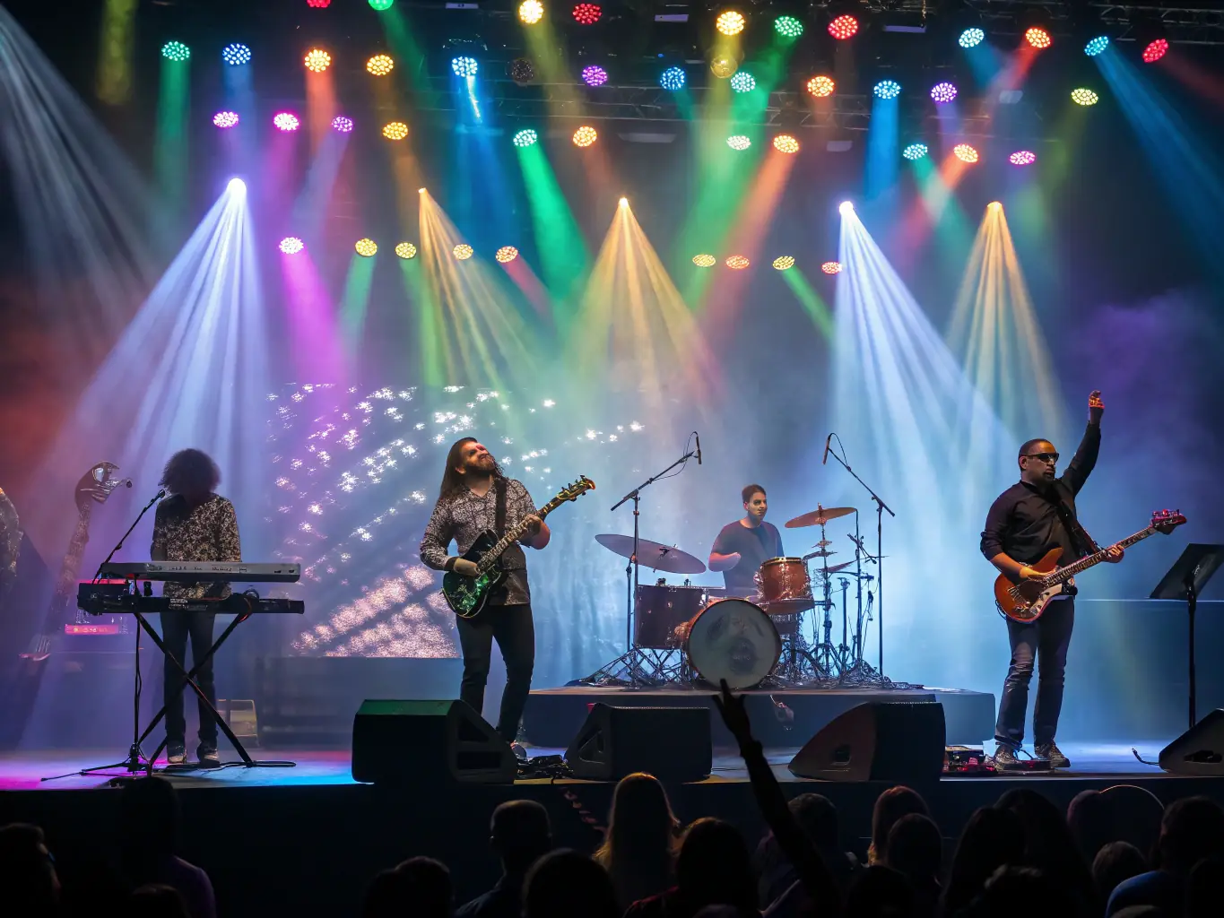 A vibrant image depicting a live music performance supported by ACAM, showcasing musicians on stage with professional lighting and sound equipment.