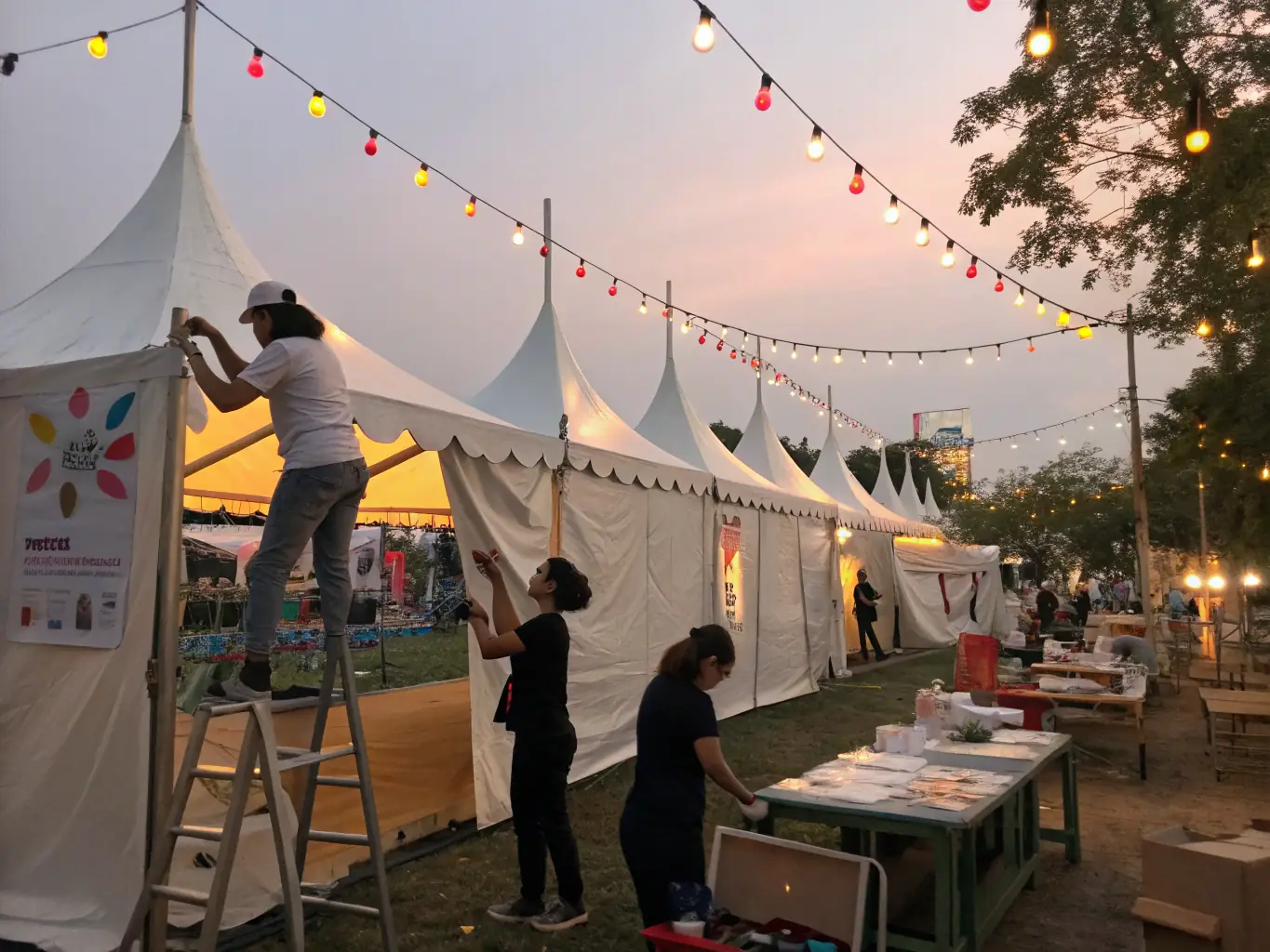 An image showing ACAM staff organizing and planning an arts festival, with tents, stages, and various art installations being set up.